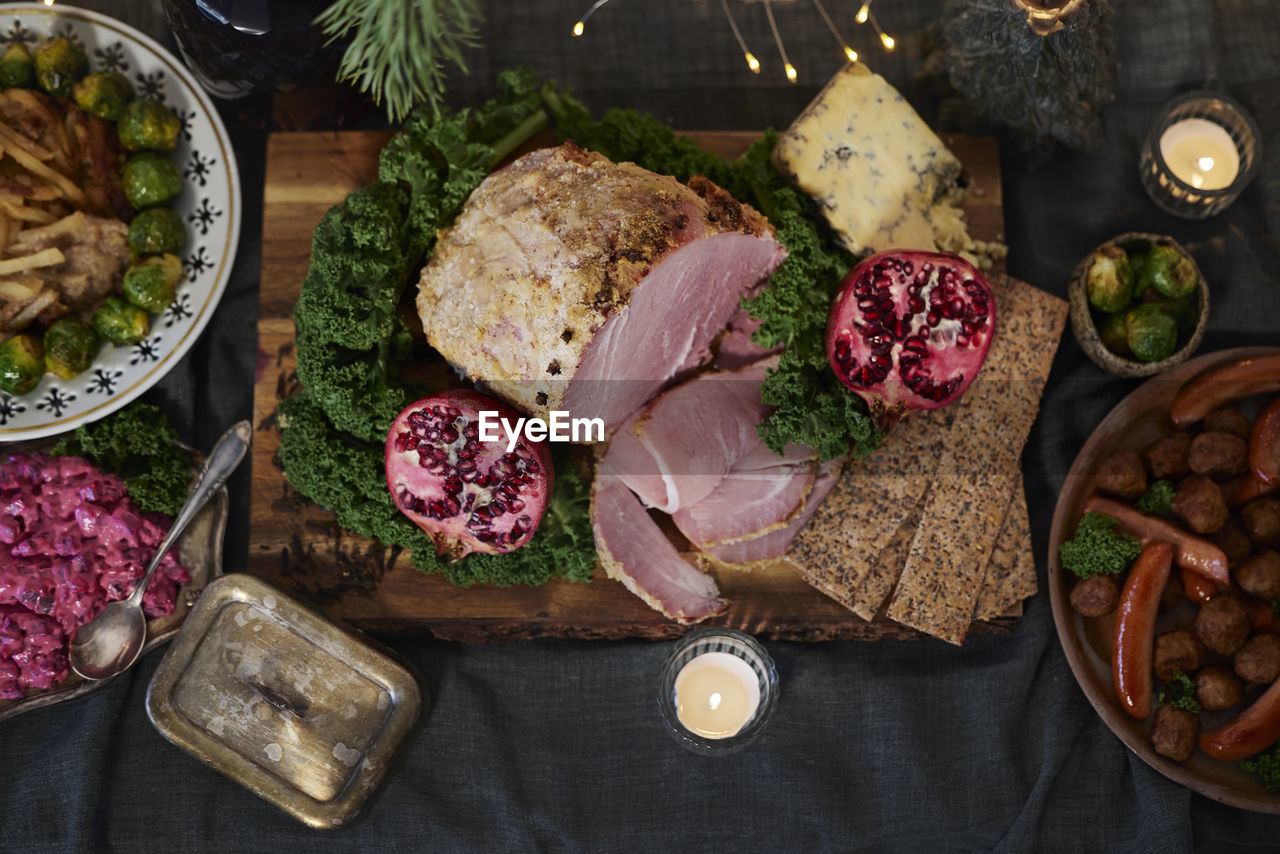 Christmas food and decoration on table