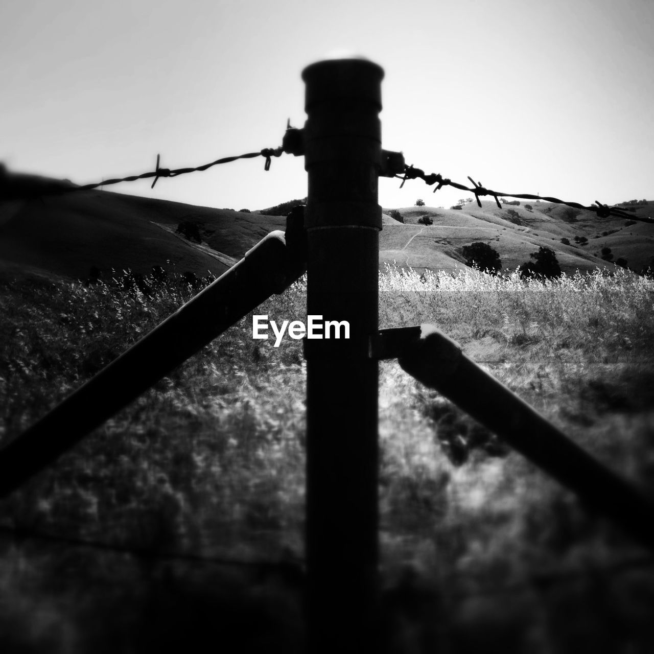 Silhouette fence poles against landscape