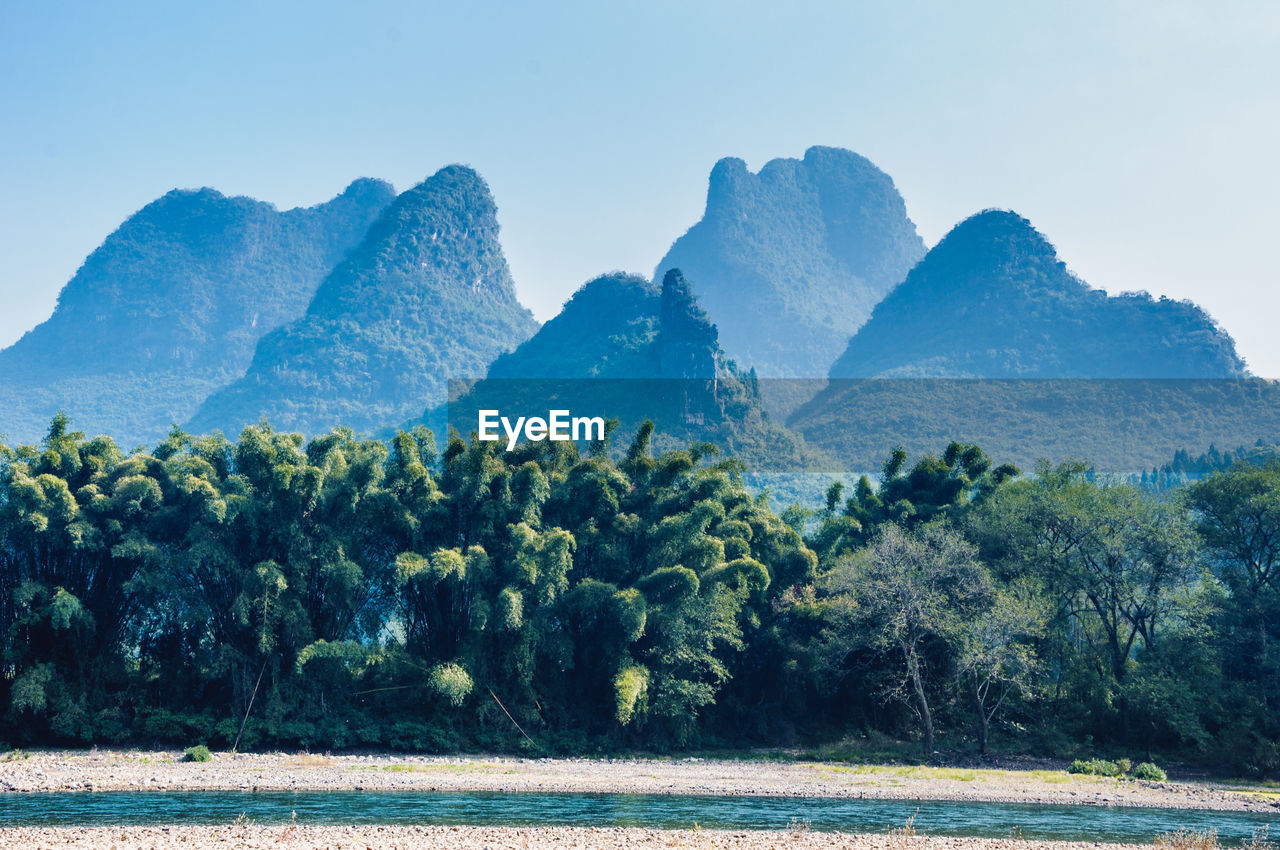 Scenic view of field and mountains against clear sky