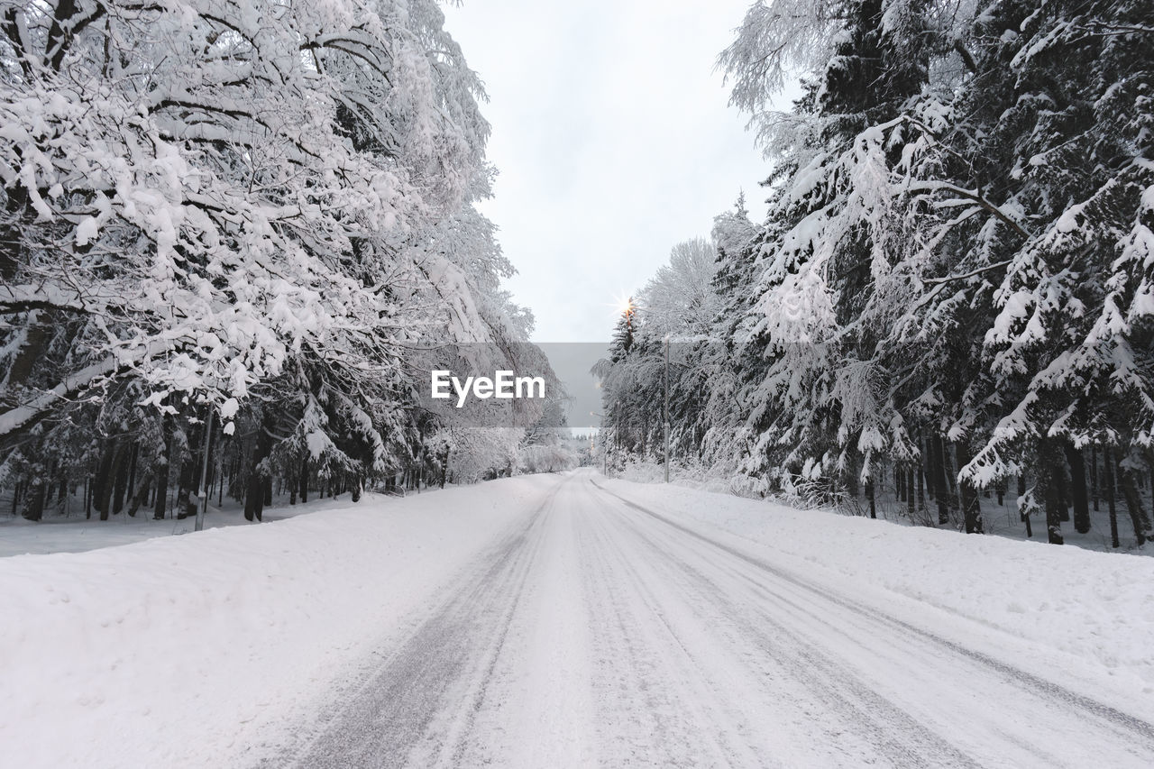 Road amidst snow covered trees against sky