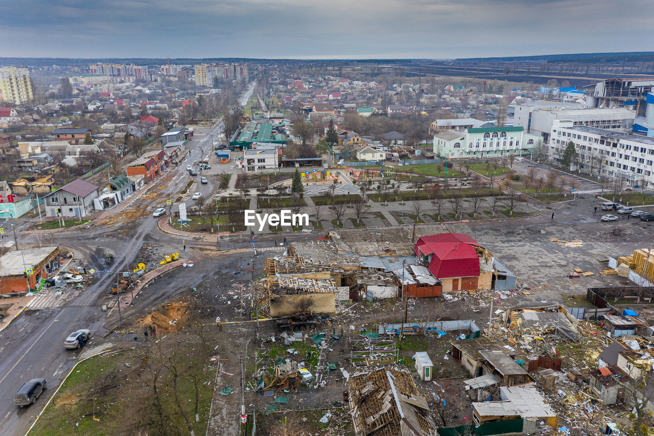 The aerial view of the destroyed buildings. the buildings were destroyed by russian rockets.