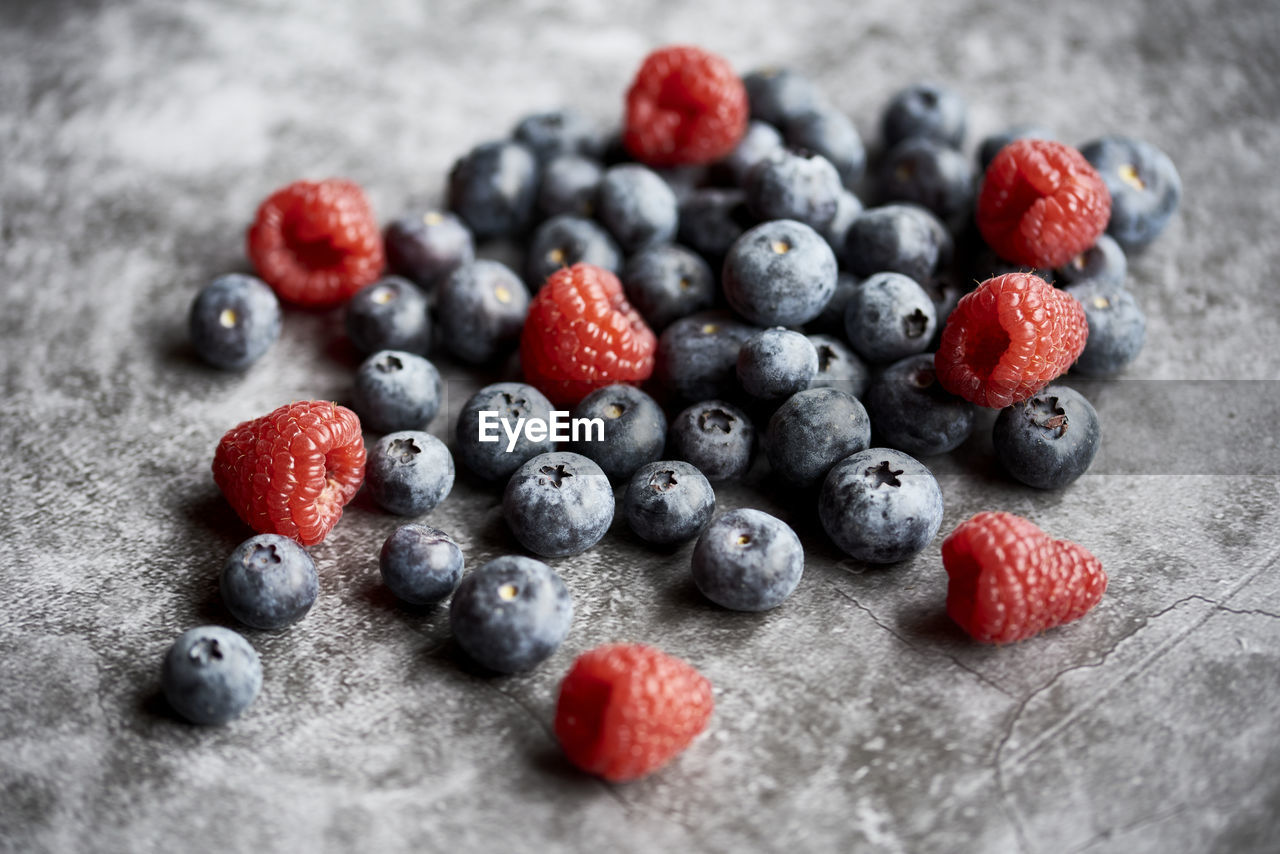 high angle view of strawberries on table