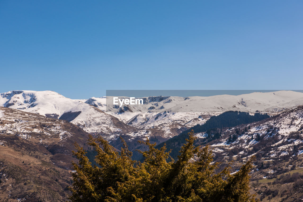 Scenic view of snowcapped mountains against clear blue sky