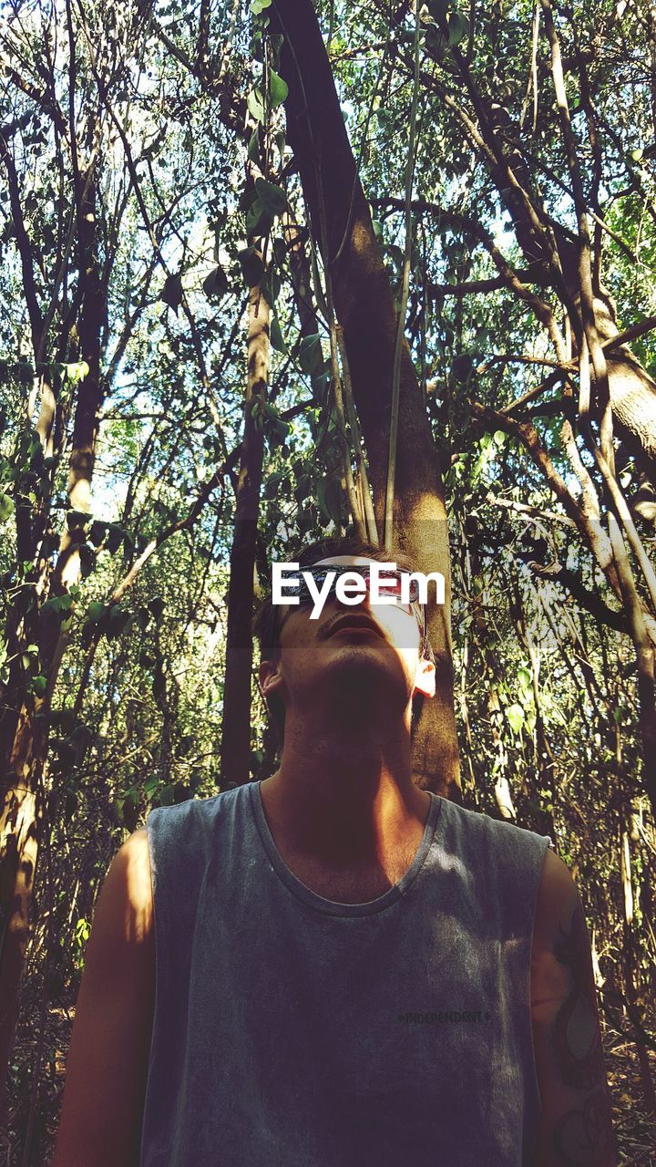 MAN IN FOREST AGAINST TREES