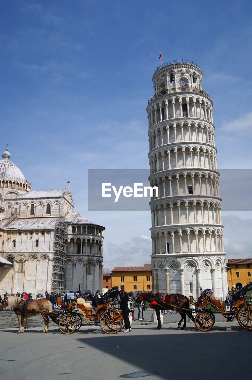 Horse carts by leaning tower of pisa on street in city