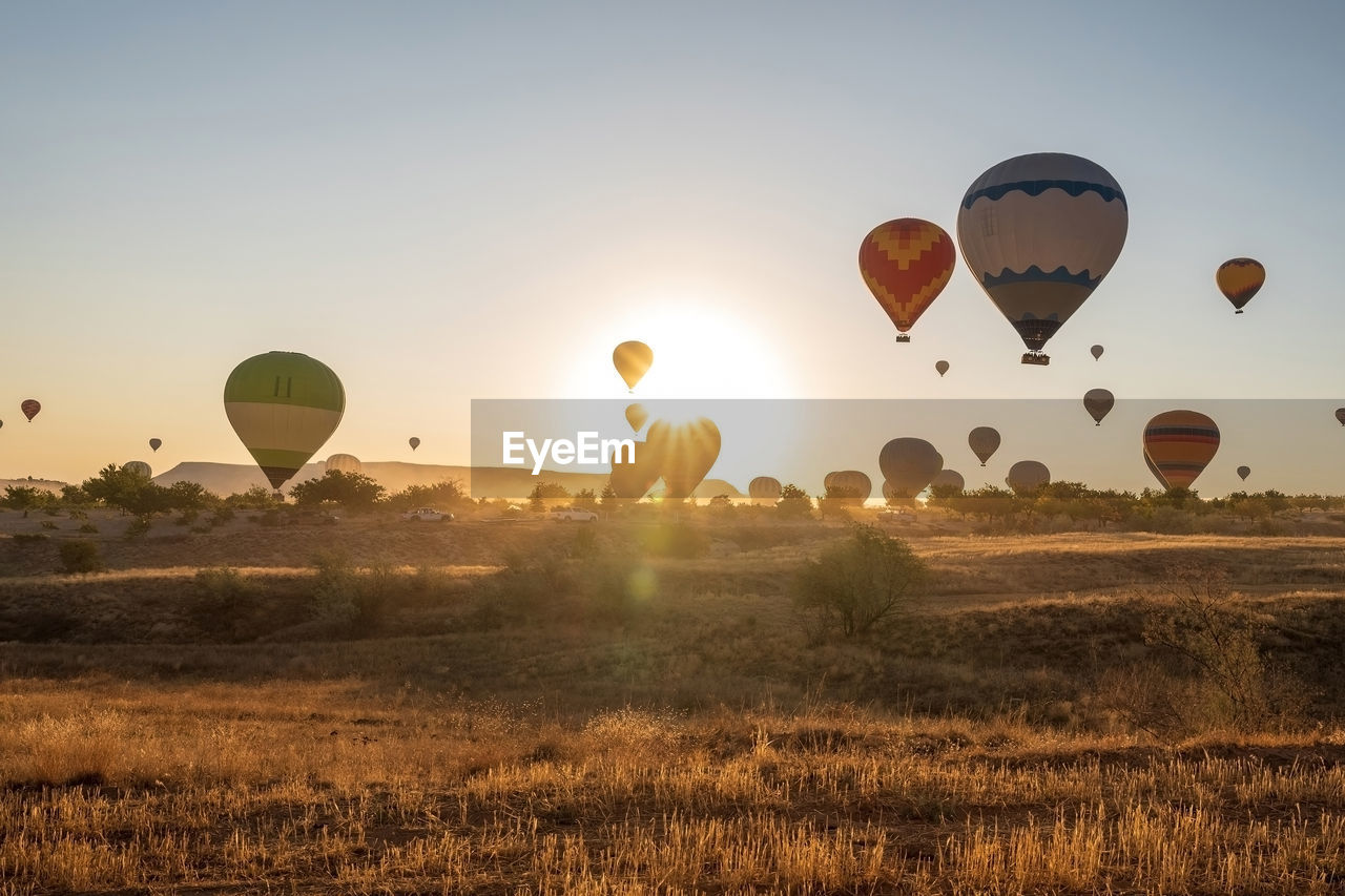 Colorful hot air balloon flying morning and sunrise in cappadocia field 