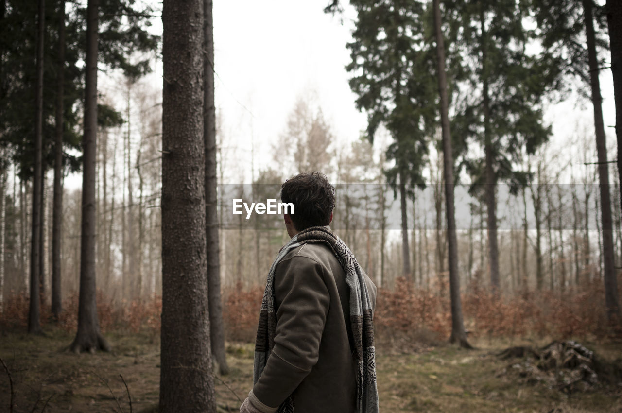 Side view of young man standing in forest