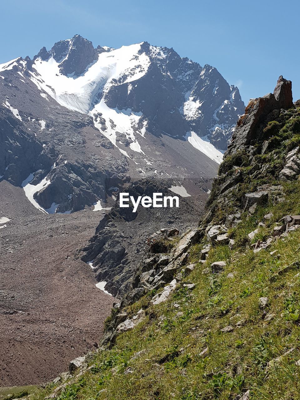 Scenic view of snowcapped mountains against clear sky