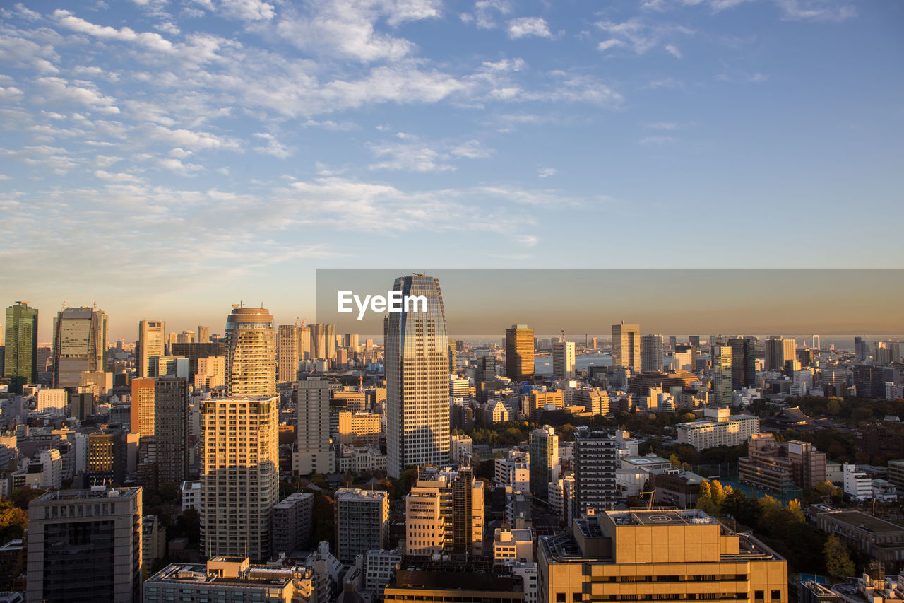 High angle view of cityscape against sky during sunset