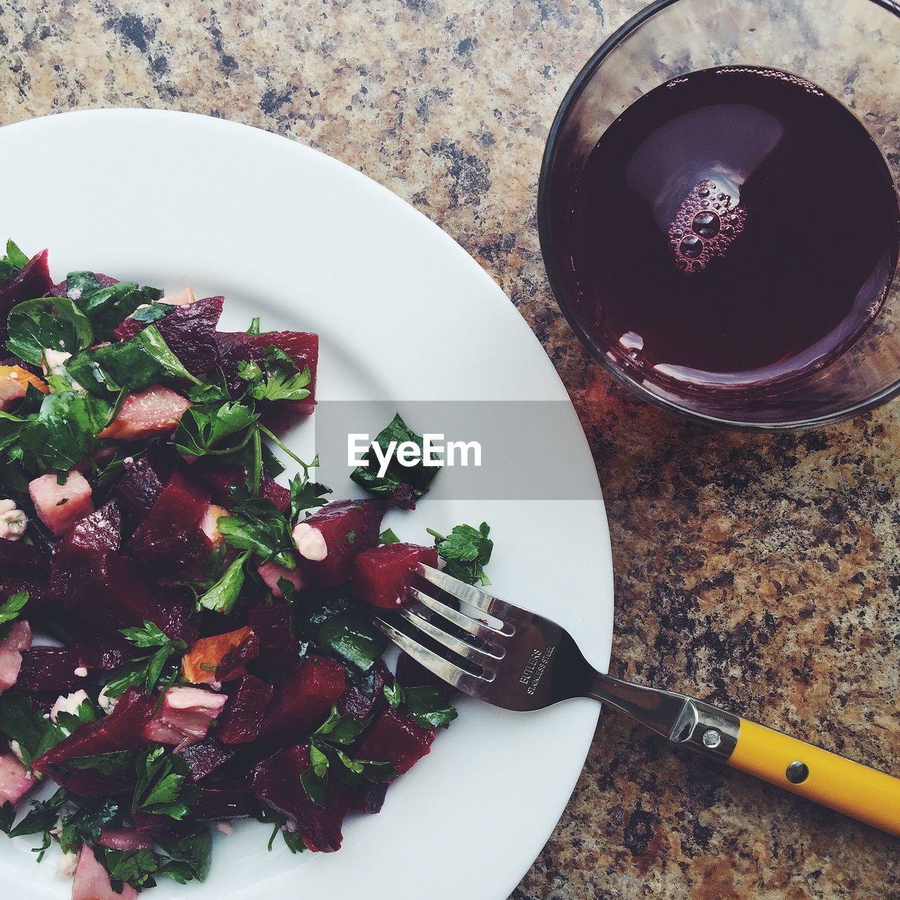 High angle view of food in plate on table