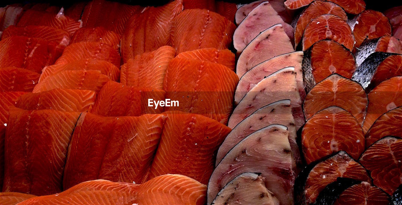 Close-up of sliced fishes for sale in market