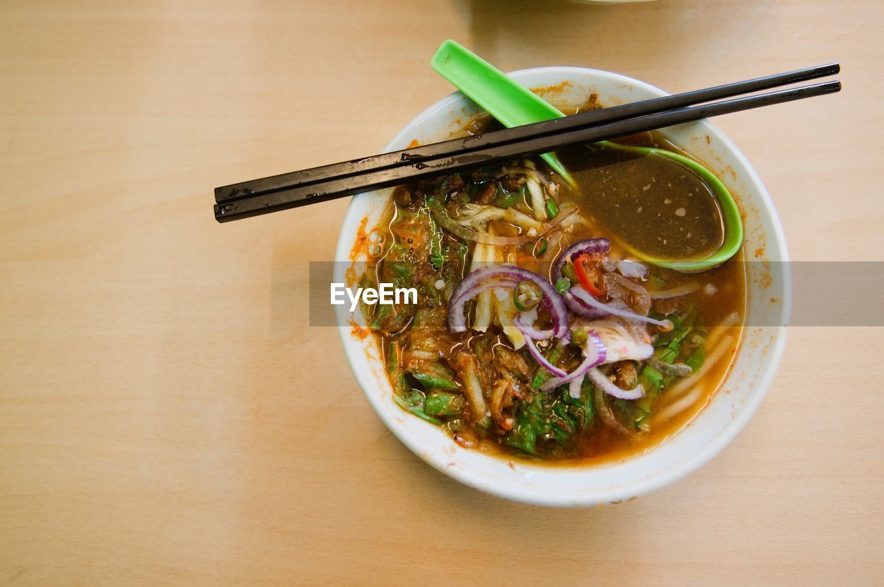 High angle view of soup in bowl on table