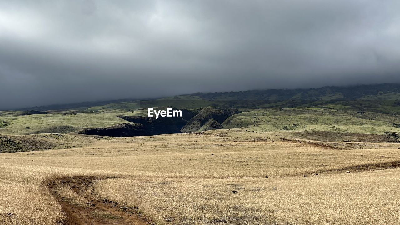 landscape, environment, cloud, sky, land, scenics - nature, field, hill, plain, horizon, nature, beauty in nature, natural environment, steppe, overcast, soil, rural area, grassland, tranquility, plateau, non-urban scene, tranquil scene, no people, storm, dramatic sky, storm cloud, rural scene, outdoors, travel destinations, prairie, plant, travel, tourism, grass, cloudscape, agriculture, day, remote, mountain range, wilderness, fog, dramatic landscape