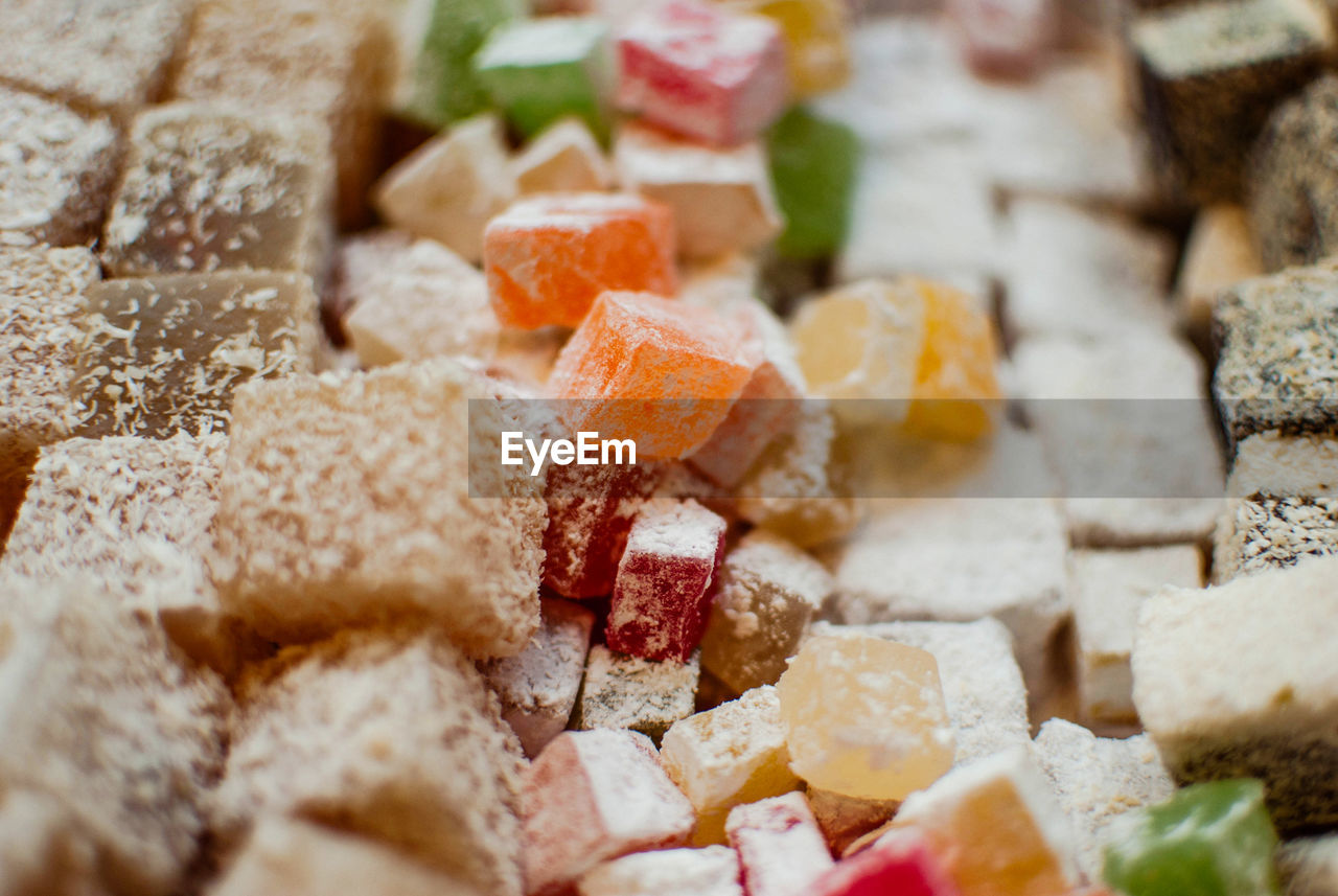 Full frame shot of various sweet food for sale at bakery