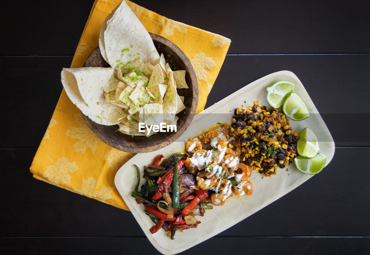 High angle view of food served on table in restaurant