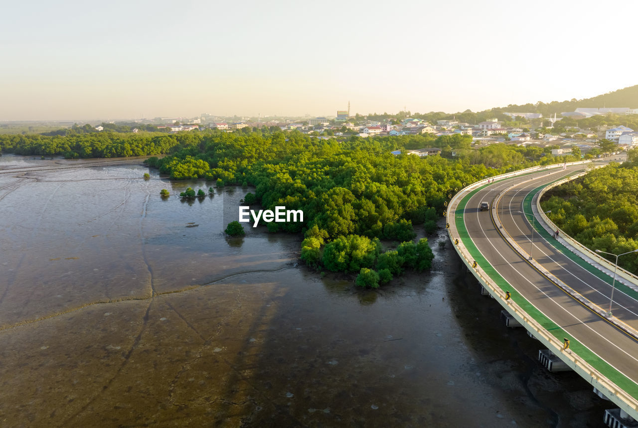 Aerial view of curve road with green mangrove forest and seaside city. mangrove ecosystem. mangroves