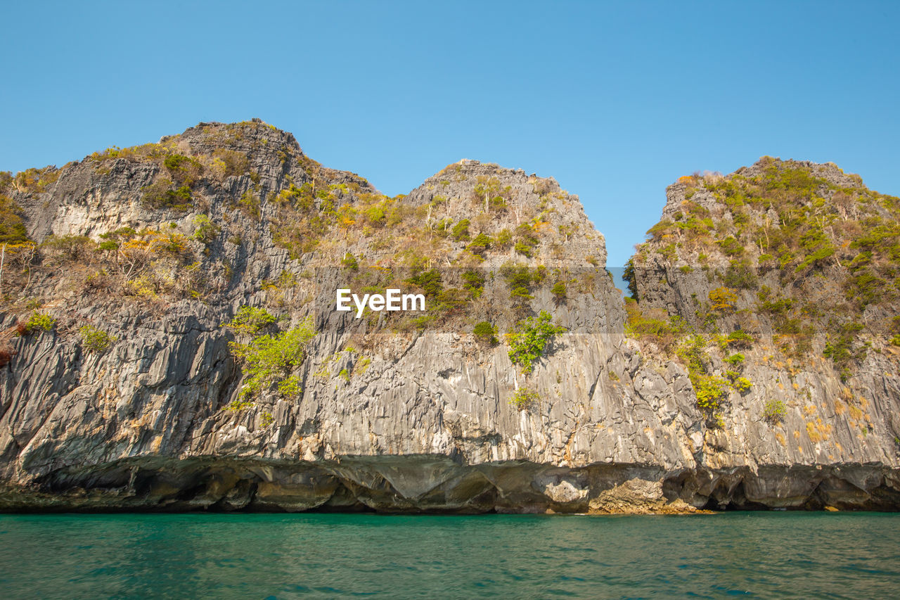 SCENIC VIEW OF SEA AND ROCK FORMATION AGAINST CLEAR SKY