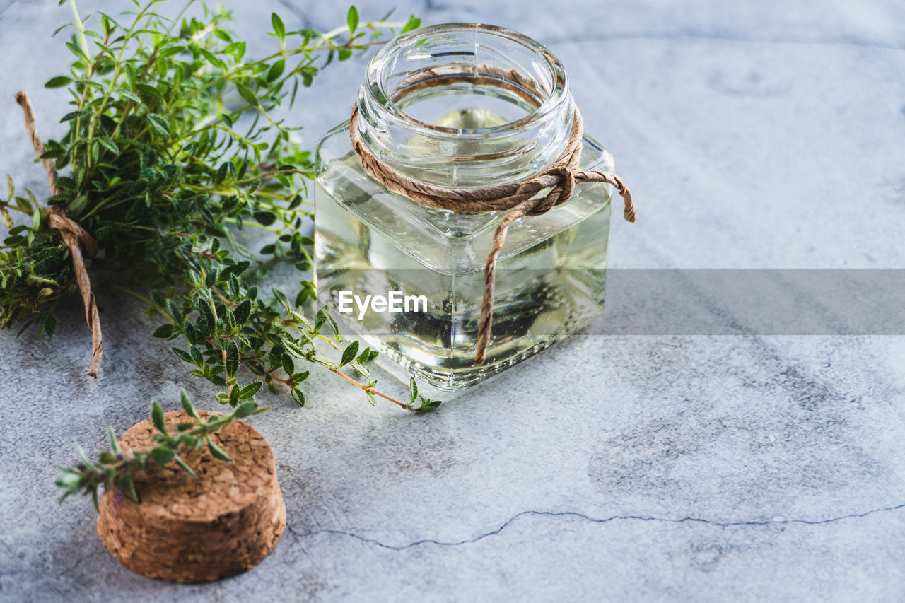 Thyme oil in a bottle, thymus green leaves on gray background