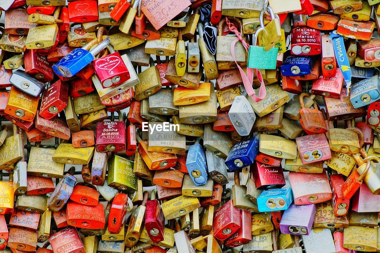 Full frame shot of colorful love locks
