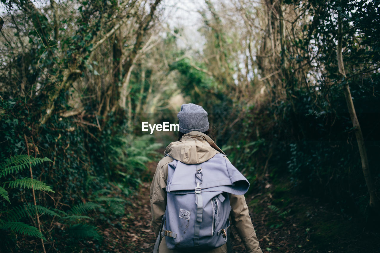 Rear view of woman walking on pathway amidst trees at forest