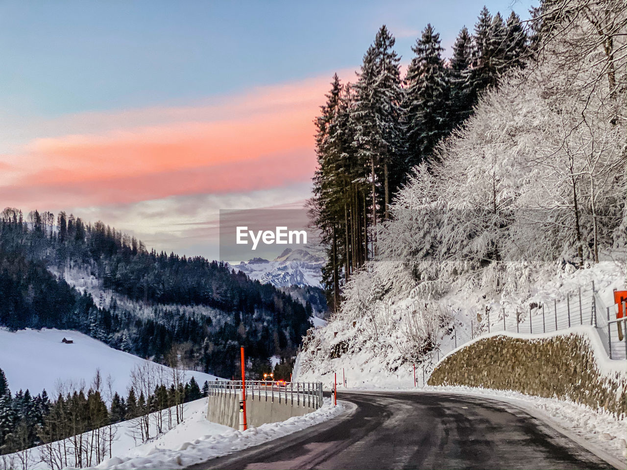 Snow covered road by trees against sky