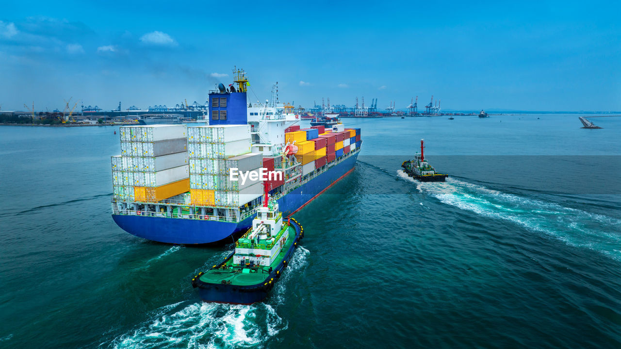 high angle view of ship in sea against clear blue sky