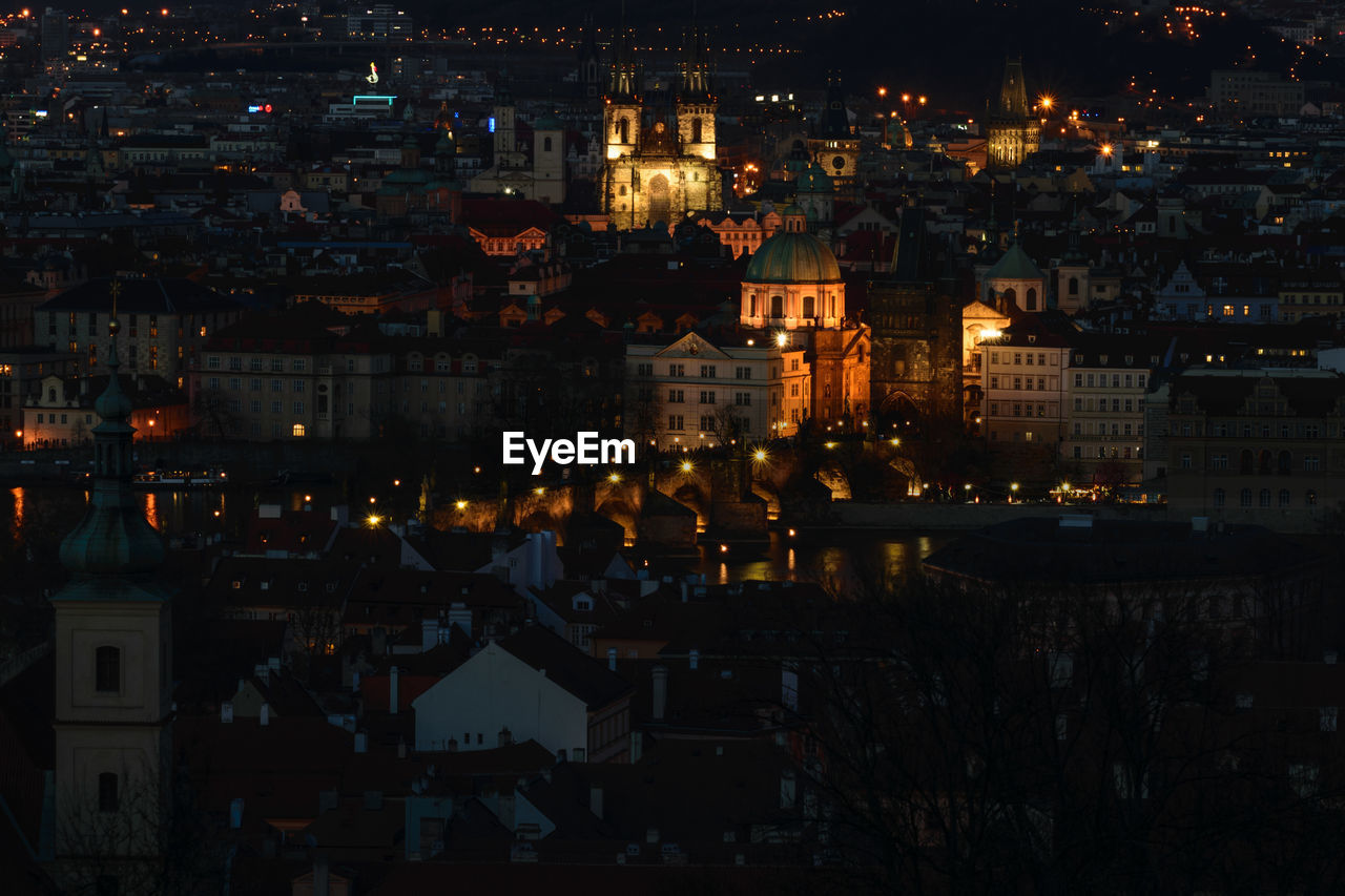 High angle view of illuminated buildings at night