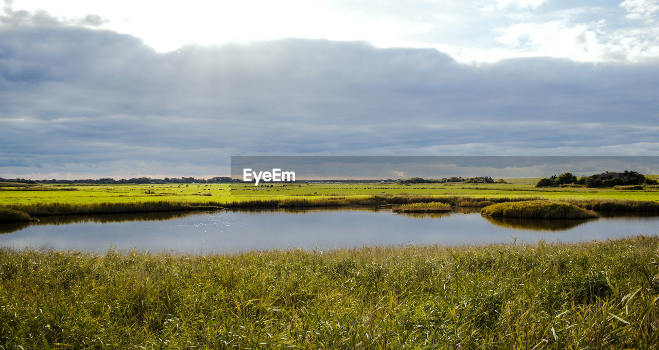 Scenic view of lake against cloudy sky