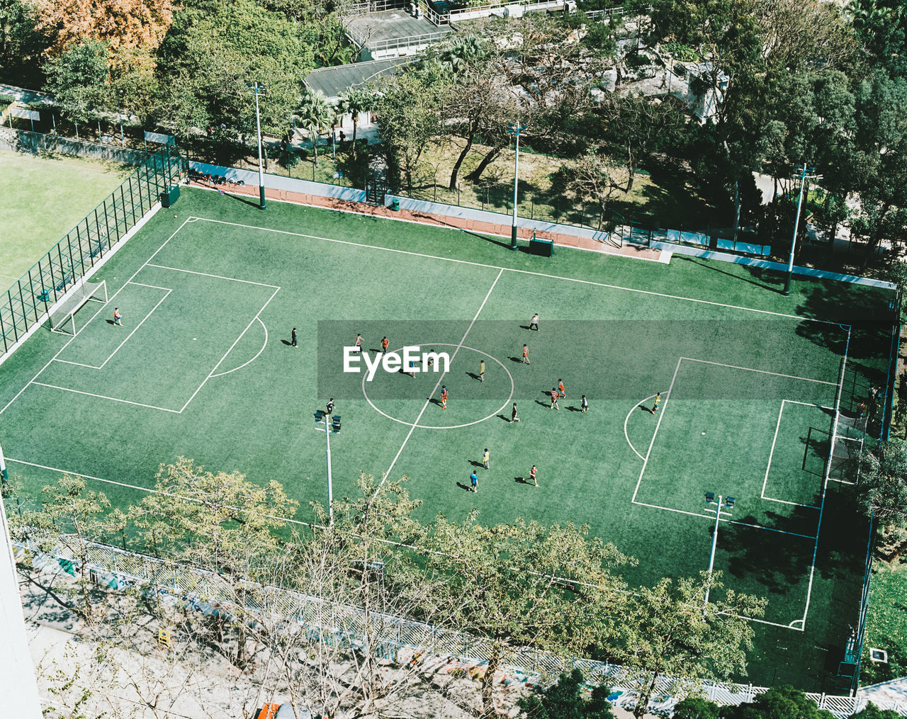 High angle view of soccer match