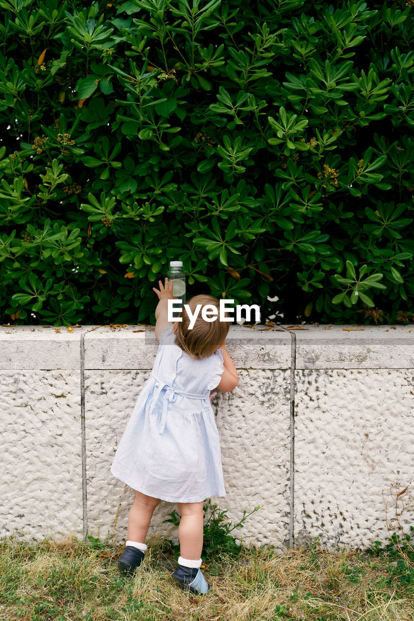 Rear view of girl reaching to bottle on wall