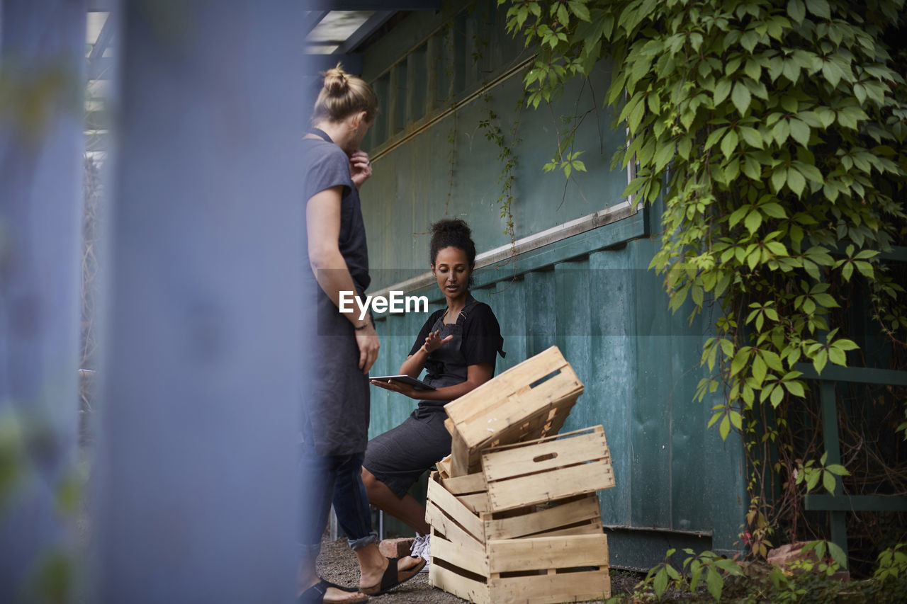 Female gardener holding digital tablet while communicating with friend over crates in yard