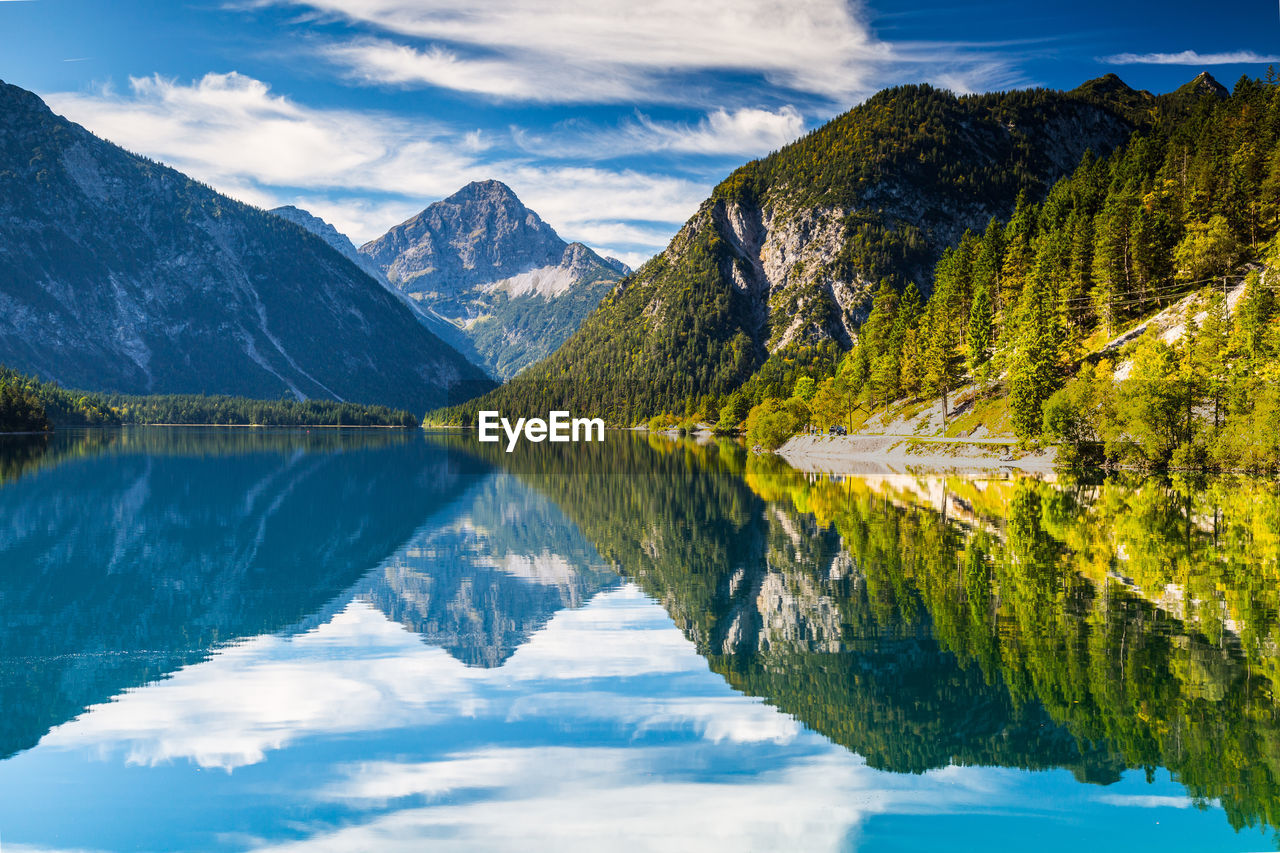 Scenic view of lake and mountains against sky