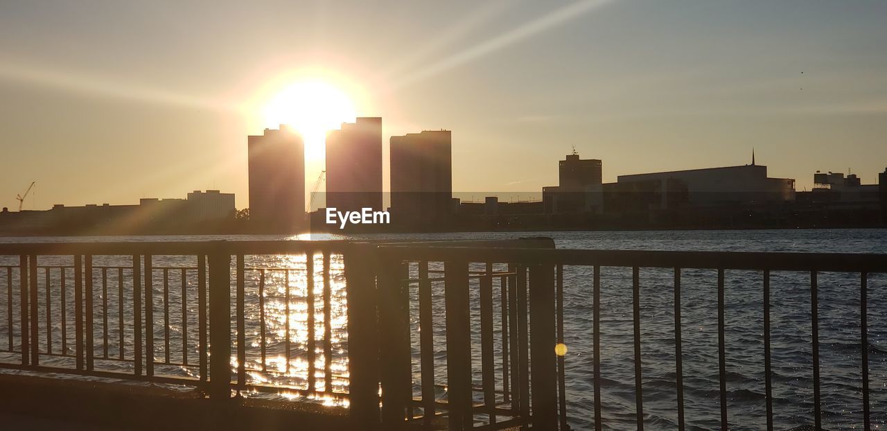 RIVER BY BUILDINGS AGAINST SKY DURING SUNSET