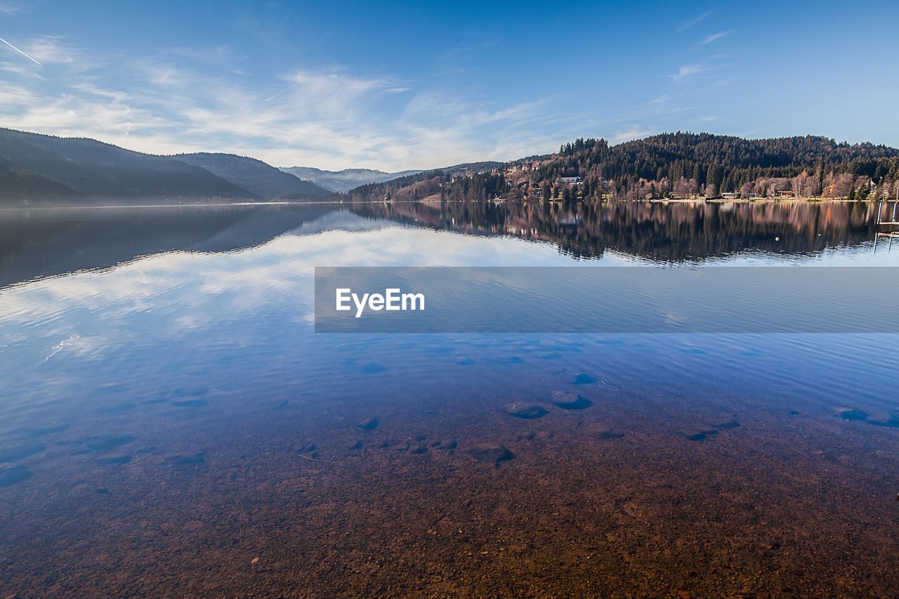 Scenic view of lake against sky at sunset