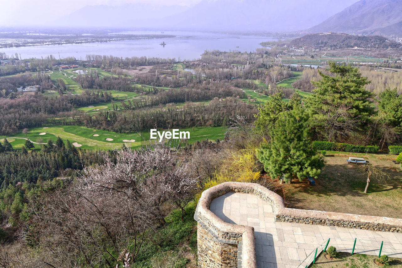HIGH ANGLE VIEW OF PLANTS ON LANDSCAPE AGAINST MOUNTAIN