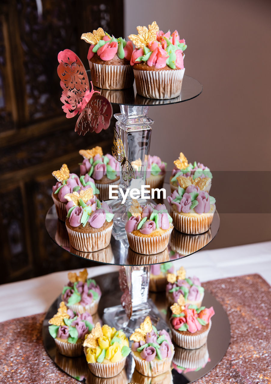 high angle view of cupcakes on table