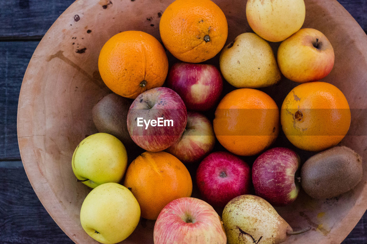 High angle close-up view of fruits in a bowl