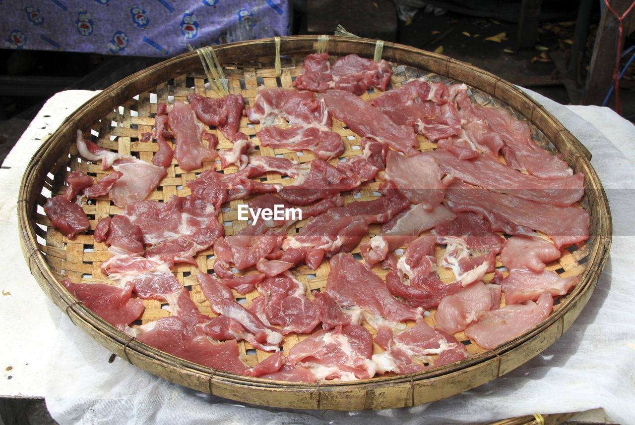HIGH ANGLE VIEW OF MEAT ON TABLE