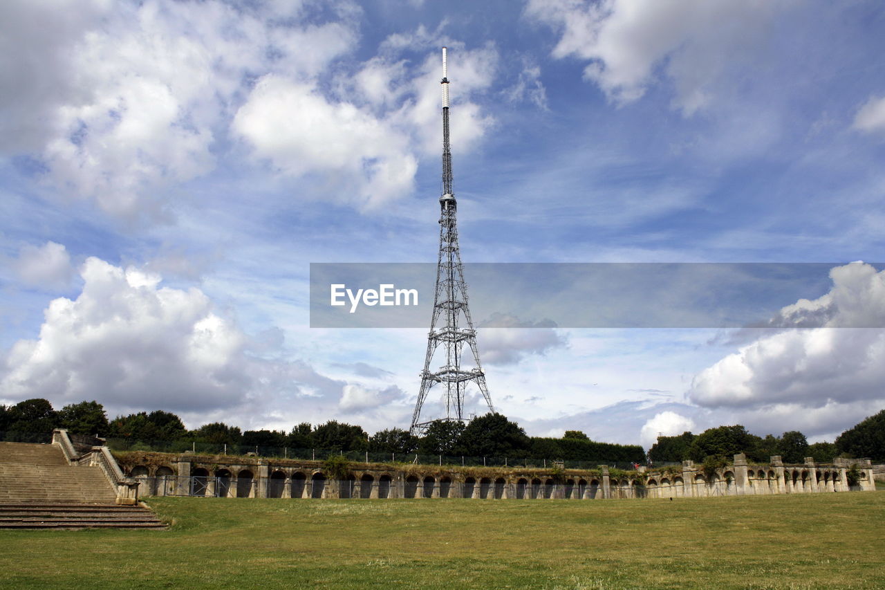 Low angle view of the trasmitter antenna on top of the ruins of the crystal palace, london, uk.