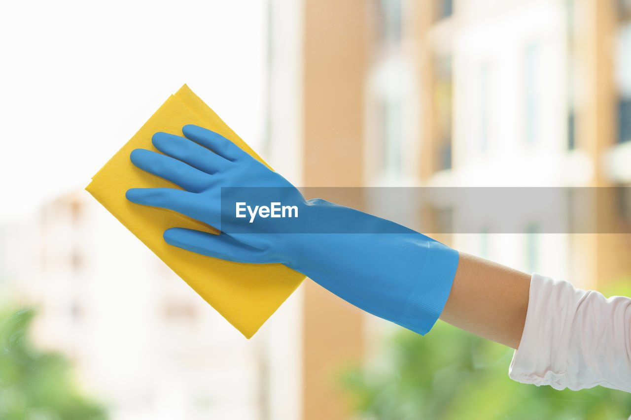 Cropped hand of person cleaning glass window at home