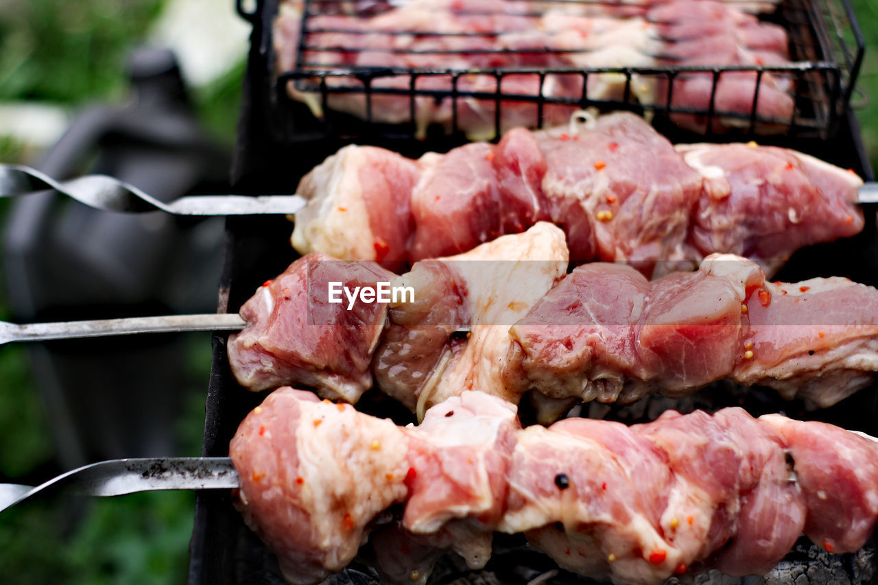 Close-up of meat on barbecue grill