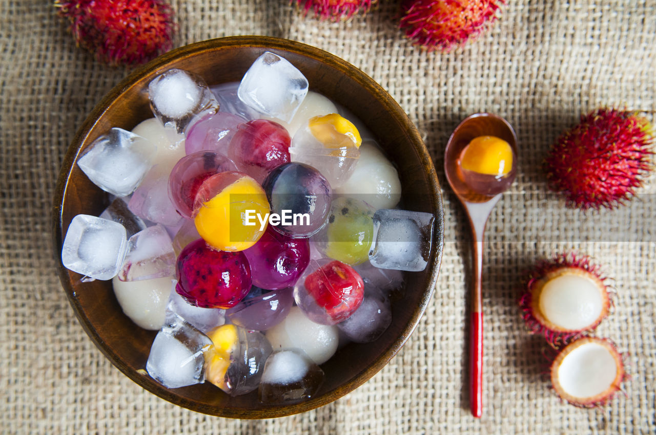 Directly above shot of fruit jelly in bowl on table