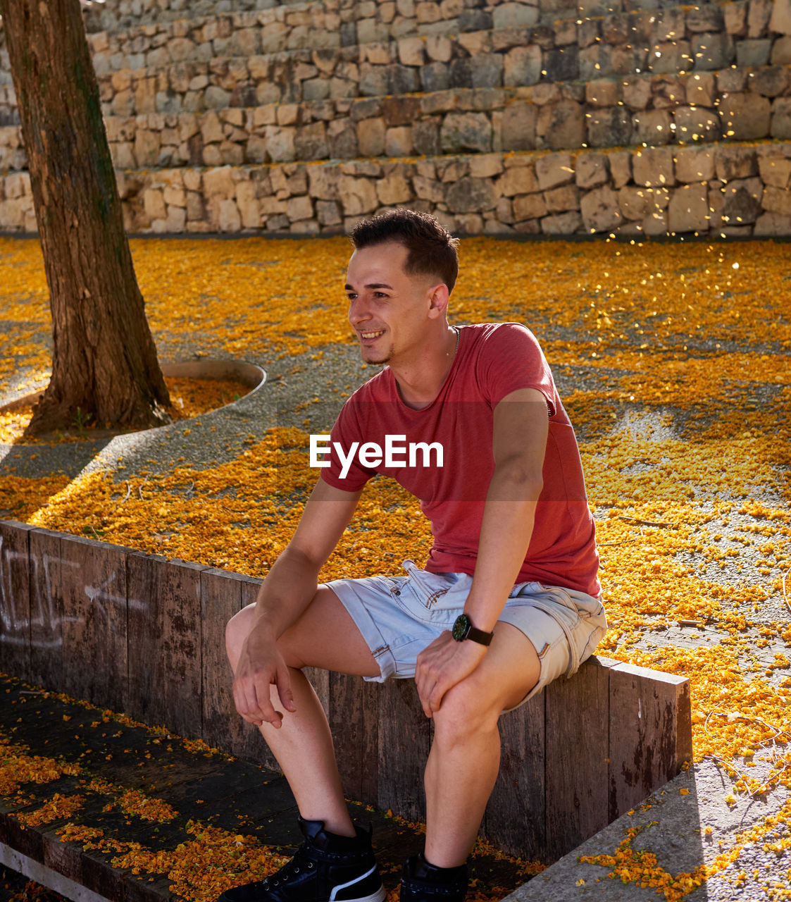 A young attractive boy in a red t-shirt posing in a park.