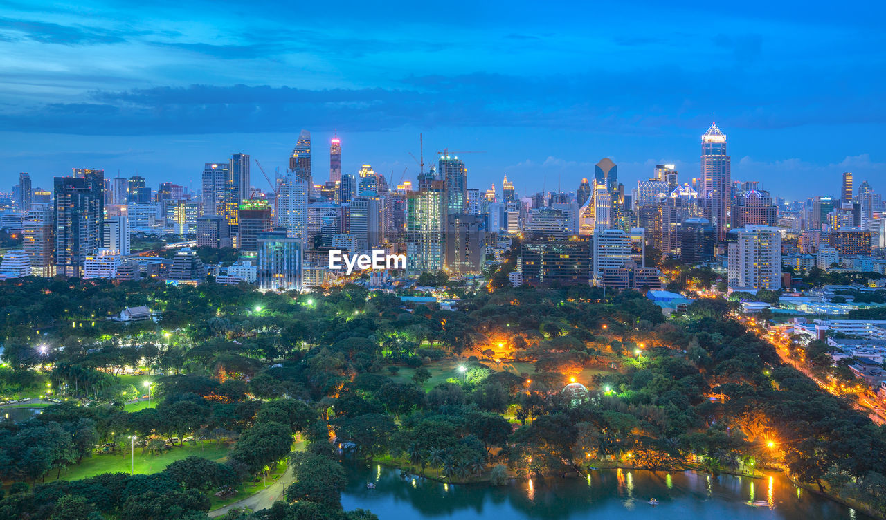 Illuminated buildings in city