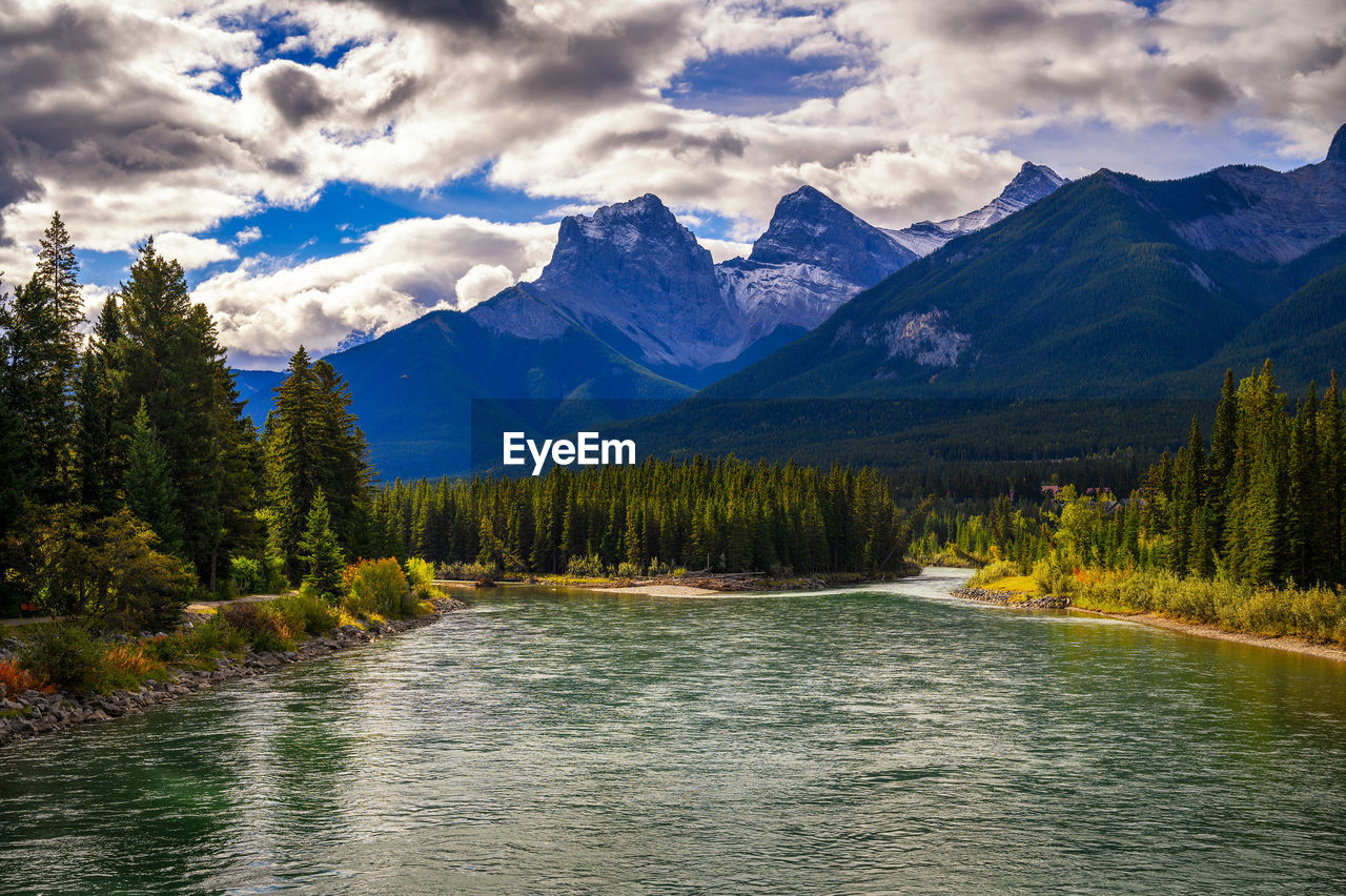 scenic view of lake by mountains against sky