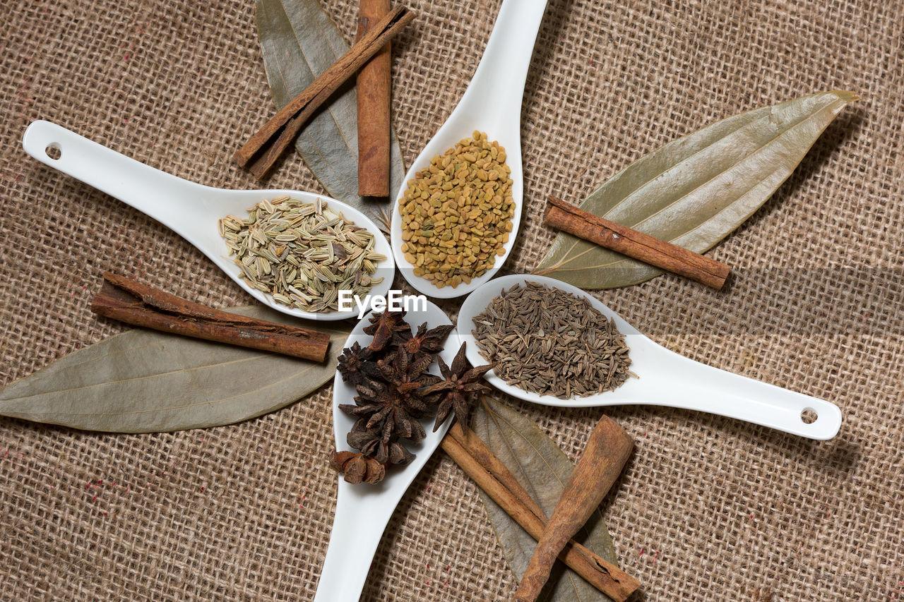 HIGH ANGLE VIEW OF SPICES IN TRAY