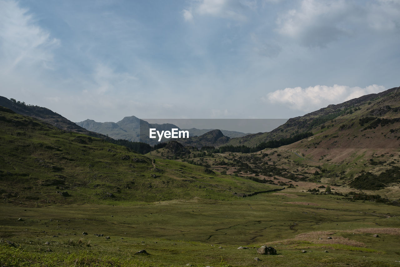 Scenic view of landscape and mountains against sky