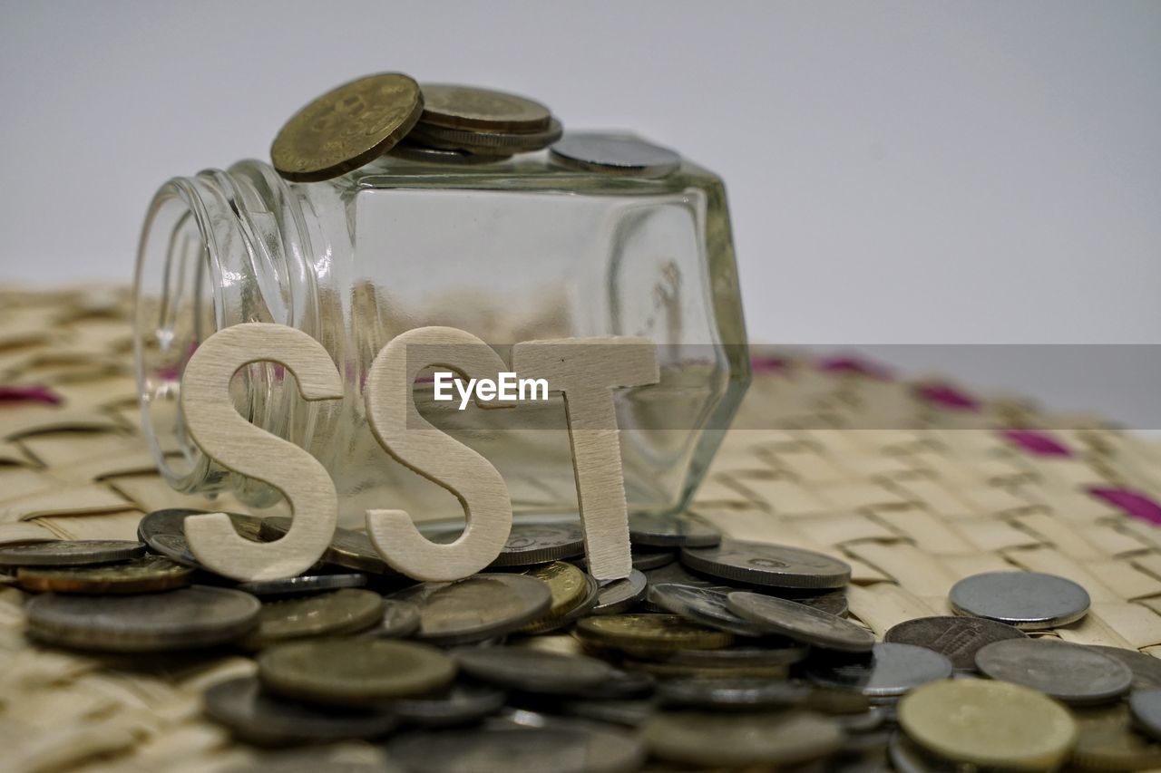 Close-up of text and coins