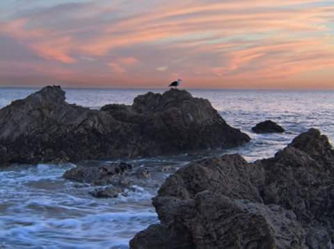 SCENIC VIEW OF SEA AND ROCKS AGAINST SUNSET SKY