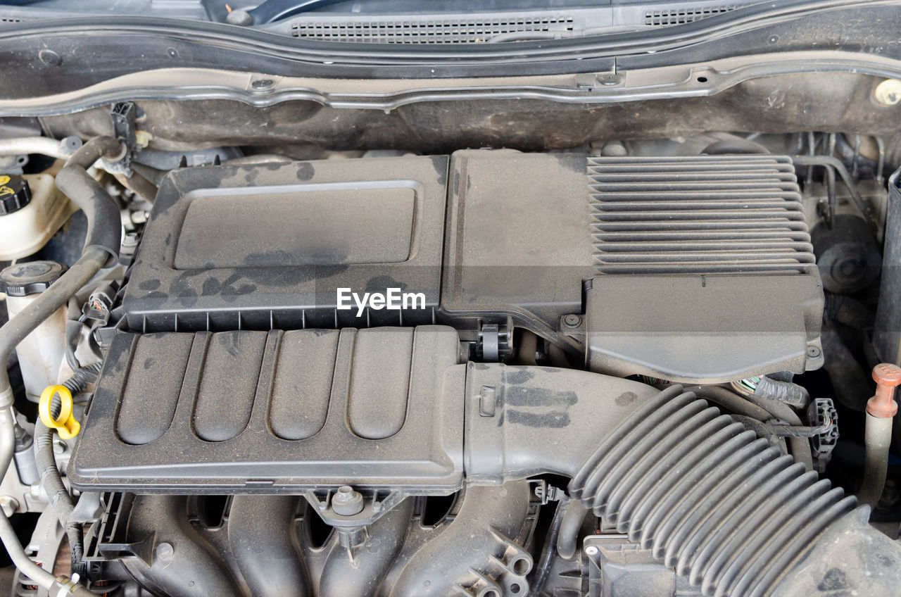 High angle view of dirty car engine